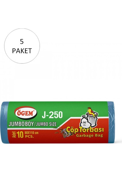 J-250 Jumbo Boy Çöp Torbası 80 x 110 cm 10 Lu Rulo x 5 Paket = 50 Adet (Mavi)