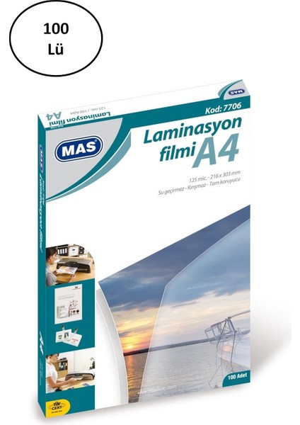 7706 A4 125 Micron 100 Adet Laminasyon Filmi