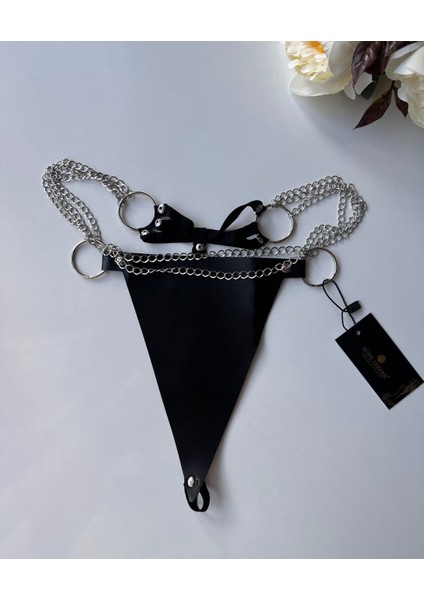 Kadın Suni Deri Halka ve Zincir Detaylı G-String - 165