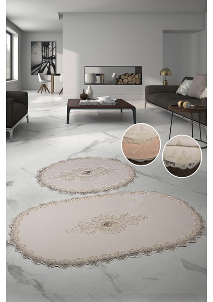 Stella Fransız Güpürlü Büyük Ebat Krem 2'li Banyo ve Salon Paspas Takımı Çeyizlik 70X120 ve 60X70