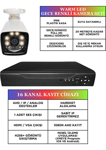 12 Kameralı 5 mp Sony Lensli Full HD 1080P Gece Renkli Kamera Seti 500GB Hard disk -12K0D