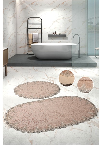 Elena Fransız Güpürlü Büyük Ebat Pudra 2'li Banyo ve Salon Paspas Takımı Çeyizlik 70X120 ve 60X70