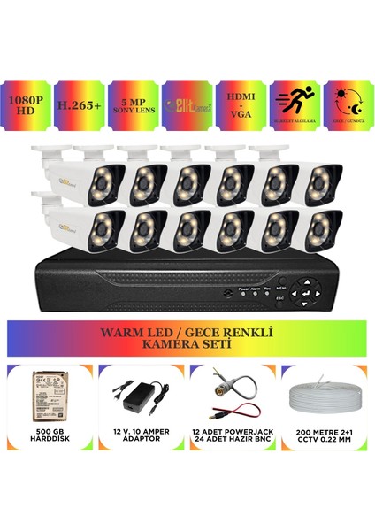 12 Kameralı 5 mp Sony Lensli Full HD 1080P Gece Renkli Kamera Seti 500GB Hard disk -12K0D