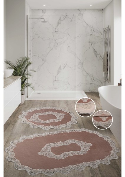 Sardunya Fransız Güpürlü Kahve 2li Banyo Paspas Takımı Çeyizlik 70 x 120 cm ve 60 x 70 cm