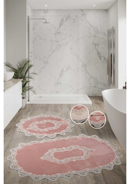 Sardunya Fransız Güpürlü Pudra 2'li Banyo Paspas Takımı Çeyizlik 70 x 120 cm ve 60 x 70 cm