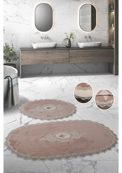 Stella Fransız Güpürlü Pudra 2'li Banyo Paspas Takımı Lüks Çeyizlik 70 x 120 cm 60 x 70 cm