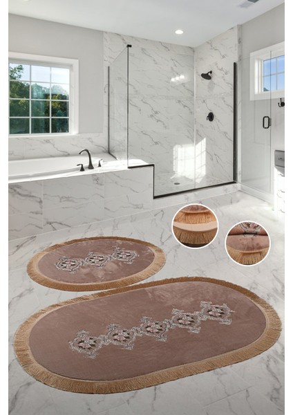 Helena Saçaklı Kahve 2'li Banyo Paspas Takımı Lüks Çeyizlik 70 x 120 cm ve 60 x 70 cm