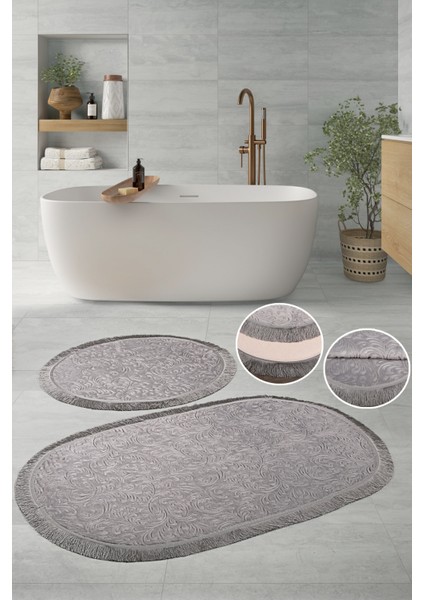 Embos Saçaklı Antrasit 2'li Banyo Paspas Takımı Lüks Çeyizlik 70 x 120 cm ve 60 x 70 cm