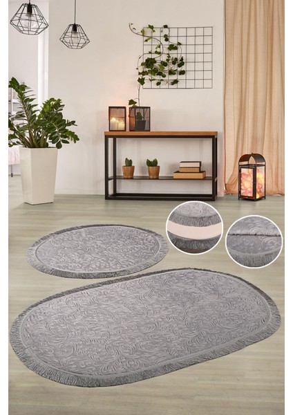 Embos Saçaklı Antrasit 2'li Banyo Paspas Takımı Lüks Çeyizlik 70 x 120 cm ve 60 x 70 cm