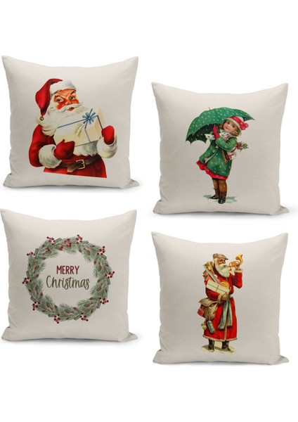 4'lü Kırlent Kılıf Seti Yılbaşı Christmas Deseni Çift Taraflı Dijital Baskılı