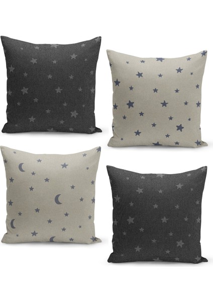 4'lü Kırlent Kılıf Seti Keten Tweed Zemin Görünüm Üzerine Minik Yıldız Desenli