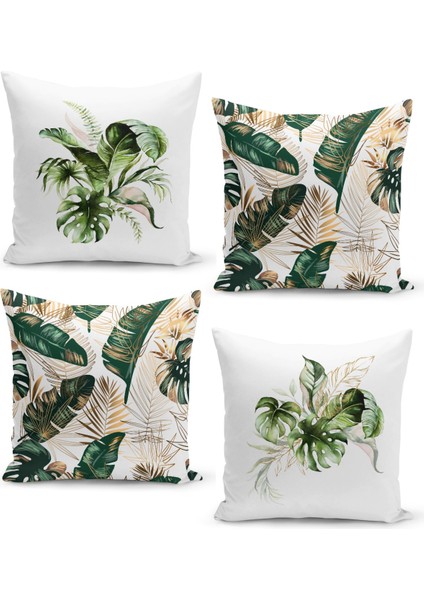 4'lü Kırlent Kılıf Seti Tropikal Çiçek Buketi Yeşil ve Allık Yaprakları