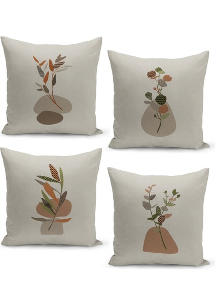 4'lü Kırlent Kılıf Seti Keten Zemin Görünüm Üzerine Bitki Sanat Tasarımı