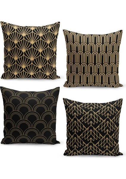 4'lü Kırlent Kılıf Seti Siyah Zemin Üzerine Altın Çizgi Desenli