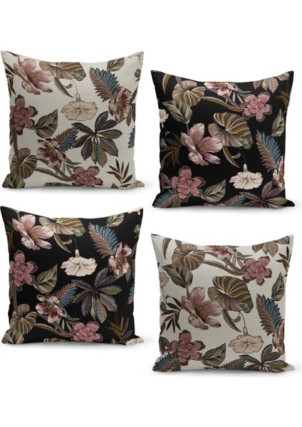 4'lü Kırlent Kılıf Seti Etnik Çiçekler Vintage Tasarım