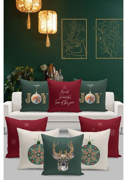 8'li Kırlent Kılıf Seti Yılbaşı Christmas Çift Taraflı Dijital Baskılı (Kaliteli Mikropetek Kumaş)