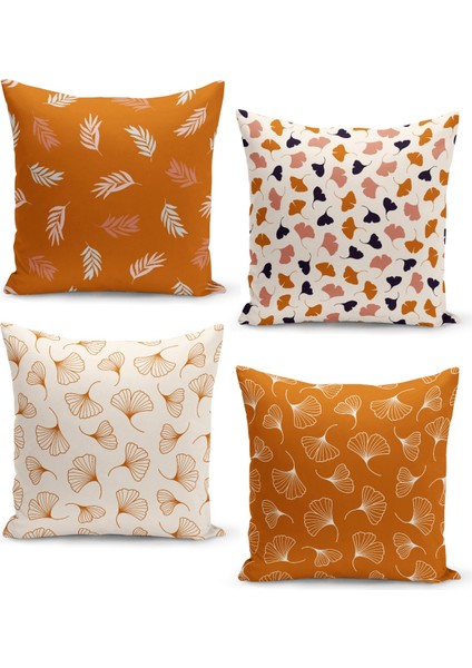 4'lü Kırlent Kılıf Seti Minimal Stilde Palm ve Ginkgo Biloba Deseni