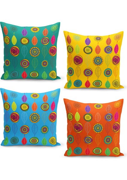 4'lü Kırlent Kılıf Seti Patchwork Çiçekler ve Yaprak Desenli