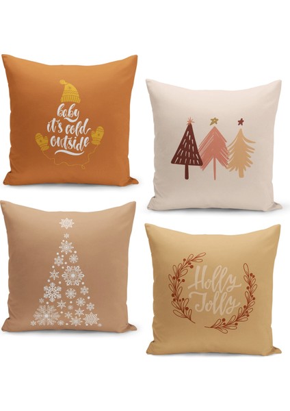 4'lü Kırlent Kılıf Seti Yılbaşı Christmas Deseni Çift Taraflı Dijital Baskılı