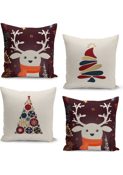 4'lü Kırlent Kılıf Seti Yılbaşı Christmas Deseni Çift Taraflı Dijital Baskılı