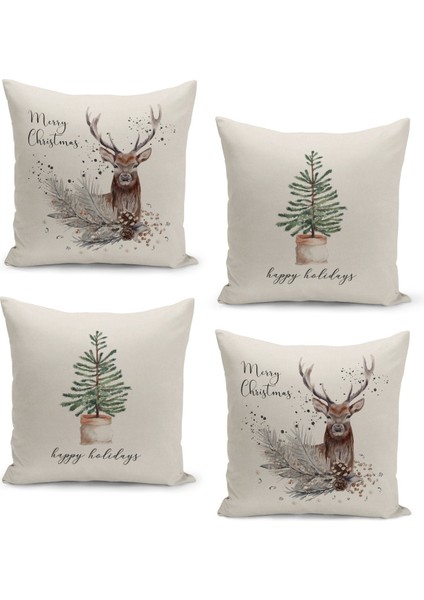 4'lü Kırlent Kılıf Seti Yılbaşı Christmas Deseni Çift Taraflı Dijital Baskılı