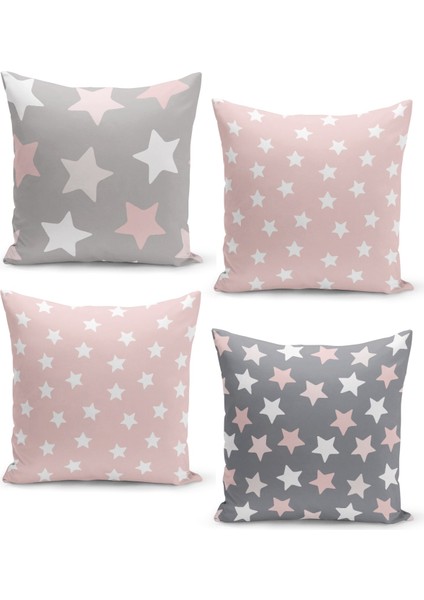 4'lü Kırlent Kılıf Seti Gri Pembe Zemin Üzeriene Yıldız Desenli