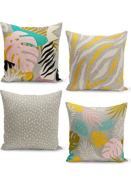 4'lü Kırlent Kılıf Seti Tropikal ve Puantiyeli Orta Yüzyıl Modern Sanat Tasarımı