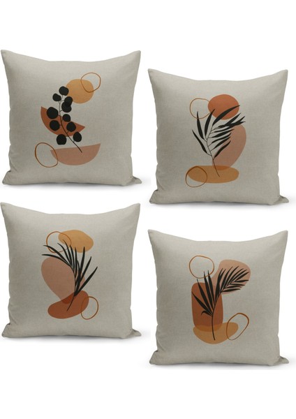 4'lü Kırlent Kılıf Seti Keten Zemin Görünüm Üzerine Bitki Sanat Tasarımı