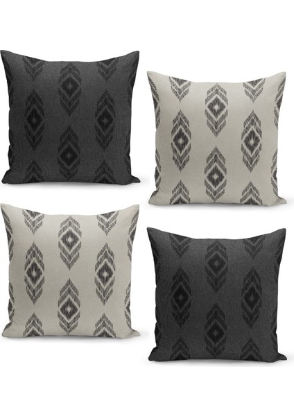 4'lü Kırlent Kılıf Seti Keten Tweed Zemin Görünüm Ikat Desenli