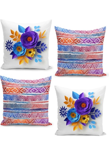 4'lü Kırlent Kılıf Seti Ikat Etnik Desen ile 3 Bouytlu Çiçek Tasarım