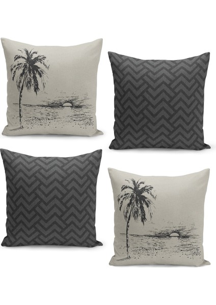 4'lü Kırlent Kılıf Seti Keten Tweed Zemin Görünüm Bohem Tasarım