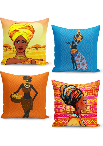 4'lü Kırlent Kılıf Seti African Portre Desenli