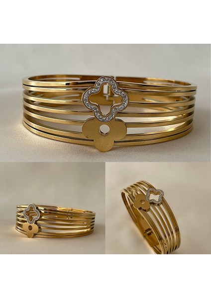 Çelik Gold Renk Yeşil Kristal Taşlı Kadın Kelepçe