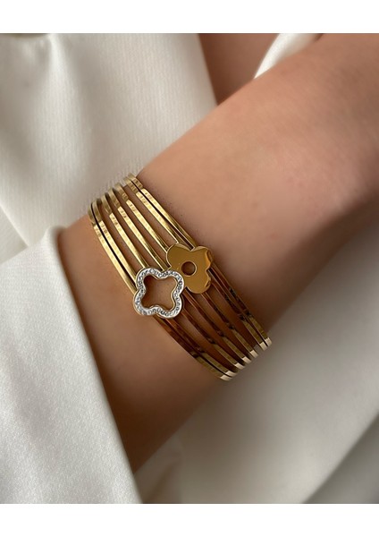 Çelik Gold Renk Yeşil Kristal Taşlı Kadın Kelepçe fiyatları