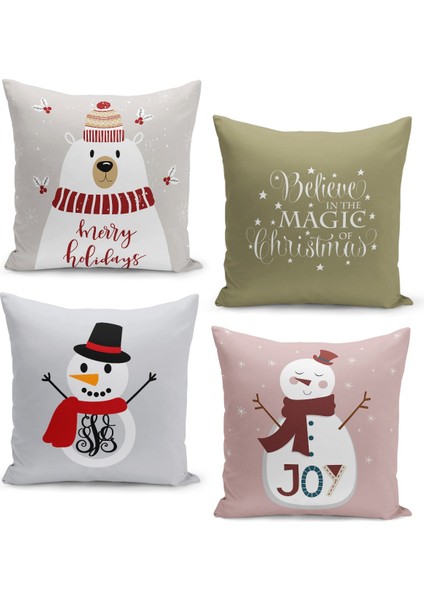 4'lü Kırlent Kılıf Seti Yılbaşı Christmas Deseni Çift Taraflı Dijital Baskılı