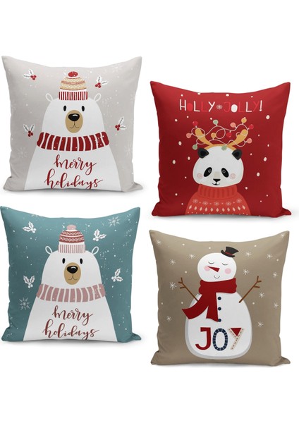 4'lü Kırlent Kılıf Seti Yılbaşı Christmas Deseni Çift Taraflı Dijital Baskılı