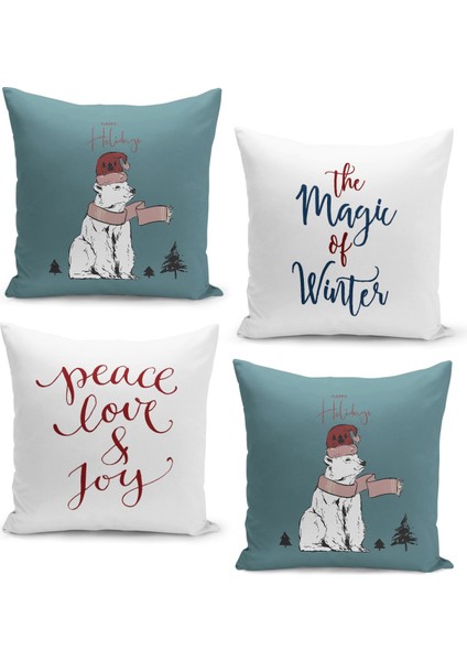 4'lü Kırlent Kılıf Seti Yılbaşı Christmas Deseni Çift Taraflı Dijital Baskılı