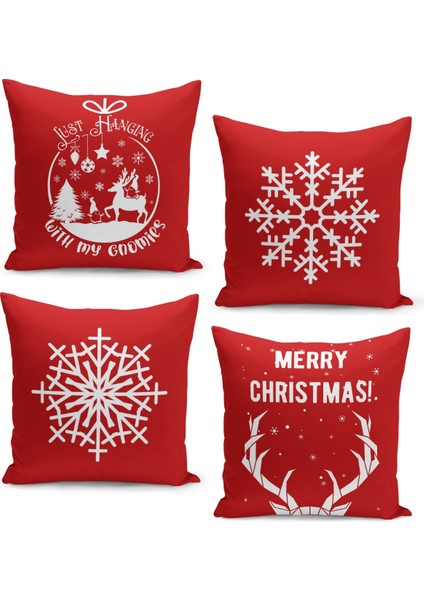 4'lü Kırlent Kılıf Seti Yılbaşı Christmas Deseni Çift Taraflı Dijital Baskılı