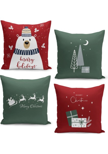 4'lü Kırlent Kılıf Seti Yılbaşı Christmas Deseni Çift Taraflı Dijital Baskılı