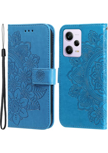 Xiaomi Redmi Için Note 12 Pro+ 5g Çiçek Baskı Pu Deri Kılıf Manyetik Toka Standı Cüzdan Şok Geçirmez Telefon Kapağı Kayışlı-Mavi (Yurt Dışından)