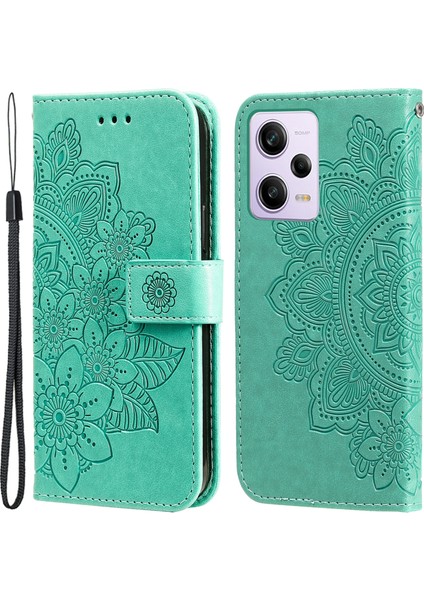 Xiaomi Redmi Için Note 12 Pro+ 5g Çiçek Baskı Pu Deri Kılıf Manyetik Toka Standı Cüzdan Şok Geçirmez Telefon Kapağı Kayışlı-Yeşil (Yurt Dışından)