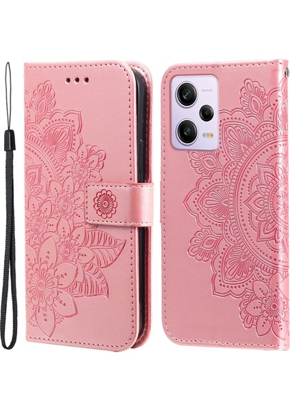 Xiaomi Redmi Için Note 12 Pro+ 5g Çiçek Baskı Pu Deri Kılıf Manyetik Toka Stand Cüzdan Şok Geçirmez Telefon Kapağı Strap Ile-Gül Altın (Yurt Dışından)