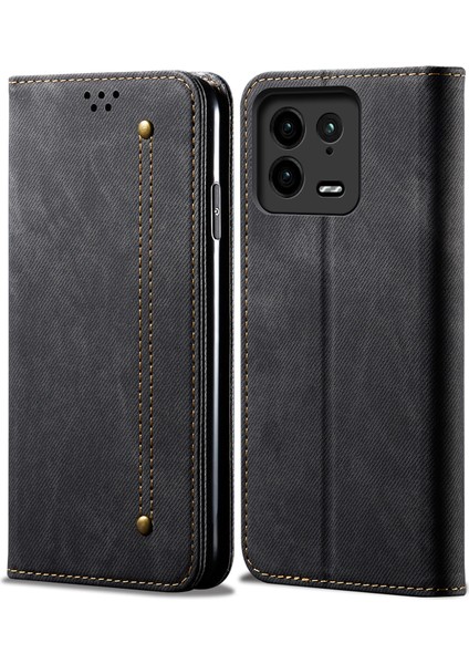 Xiaomi 13 Pro 5g Için Kot Bez Dokusu Anti-Çizelge Cep Telefonu Koruma Koruyucu Flip Cüzdan Kapak Standı-Siyah (Yurt Dışından)