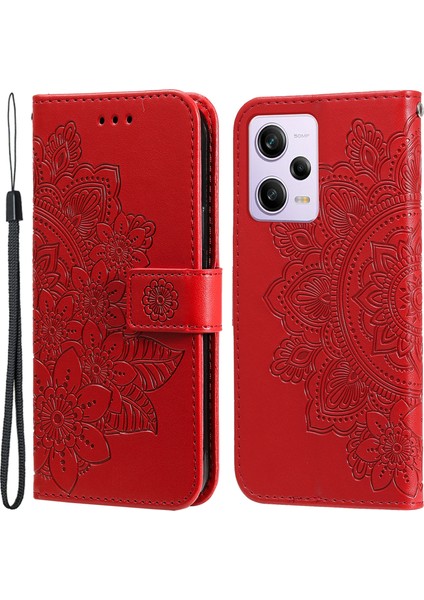 Xiaomi Redmi Için Note 12 Pro+ 5g Çiçek Baskı Pu Deri Kılıf Manyetik Toka Standı Cüzdan Şok Geçirmez Telefon Kapağı Kayışlı-Kırmızı (Yurt Dışından)