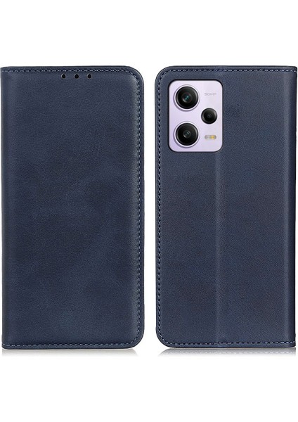 Xiaomi Redmi Için Note 12 Pro+ 5g Cowhide Doku Bölünmüş Deri Kılıf Manyetik Otomatik Kapanış Stand Cüzdanı ile Çizgiye Dönüş Anti Telefon Kapağı-Mavi (Yurt Dışından)