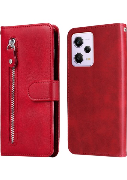 Xiaomi Redmi Için Telefon Stand Kılıfı Not 12 Pro+ 5g Buzağı Dokusu Pu Deri Fermuarı Cep Cüzdan Kapağı-Kırmızı (Yurt Dışından)