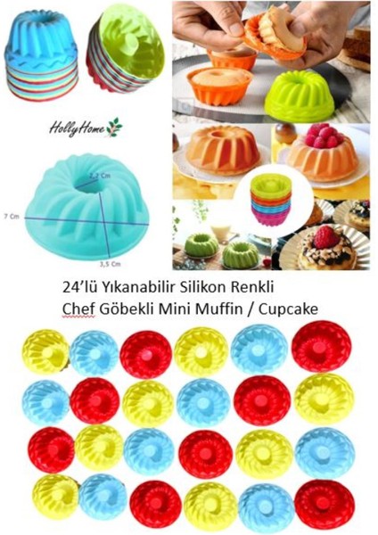 Holly Home 24'lü Yıkanabilir Mini Chef Göbekli Muffin Pişirme Kalıbı, Silikon Kek, Cupcake, Hamur Işi Kap