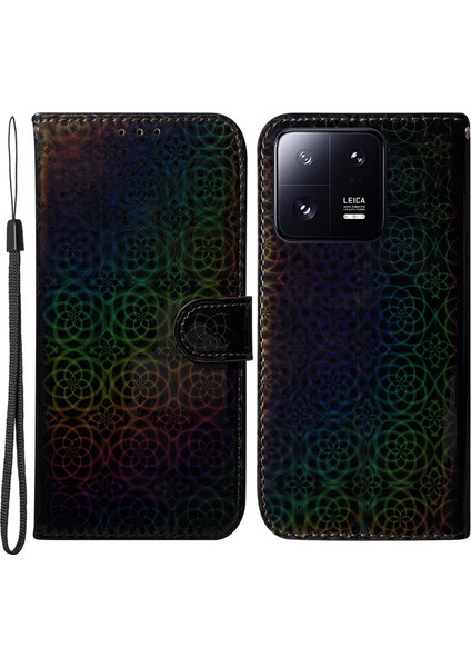 Xiaomi 13 Pro 5g Stand Telefon Cüzdan Kapağı Göz Kamaralı Çiçek Deseni Pu Deri Cep Telefon Kılıfı-Siyah (Yurt Dışından)