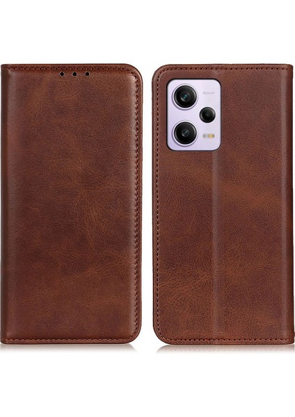 Xiaomi Redmi Için Note 12 Pro+ 5g Cowhide Doku Bölünmüş Deri Kılıf Manyetik Otomatik Kapanış Stand Cüzdanı ile Çizgiye Döküm Anti Anti Telefon Kapağı-Kahve (Yurt Dışından)