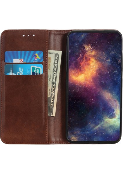 Xiaomi Redmi Için Note 12 Pro+ 5g Cowhide Doku Bölünmüş Deri Kılıf Manyetik Otomatik Kapanış Stand Cüzdanı ile Çizgiye Döküm Anti Anti Telefon Kapağı-Kahve (Yurt Dışından) fiyatları